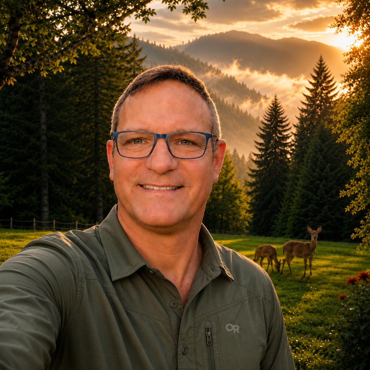 Author Blain Bertrand in a mountain forest at sunset